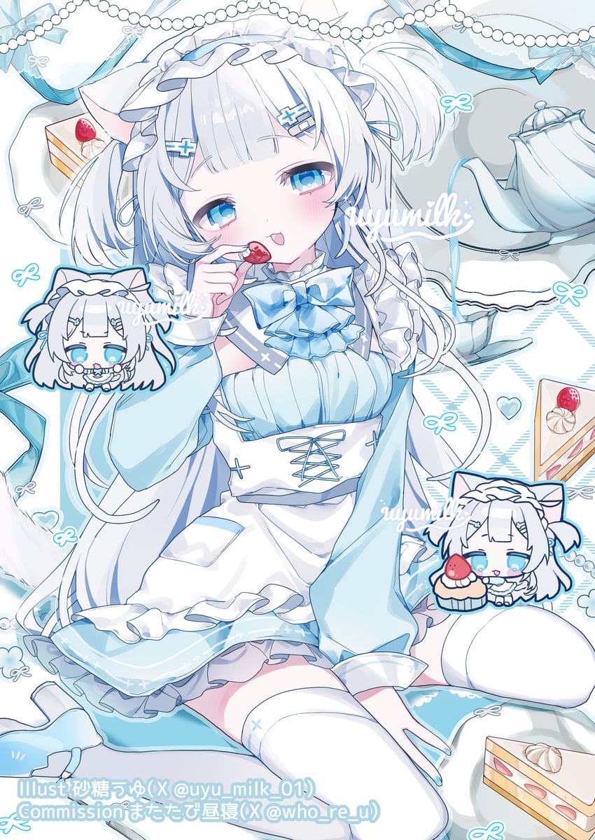 原创 1名女孩 :D 围裙 蓝色蝴蝶结 蓝色领结