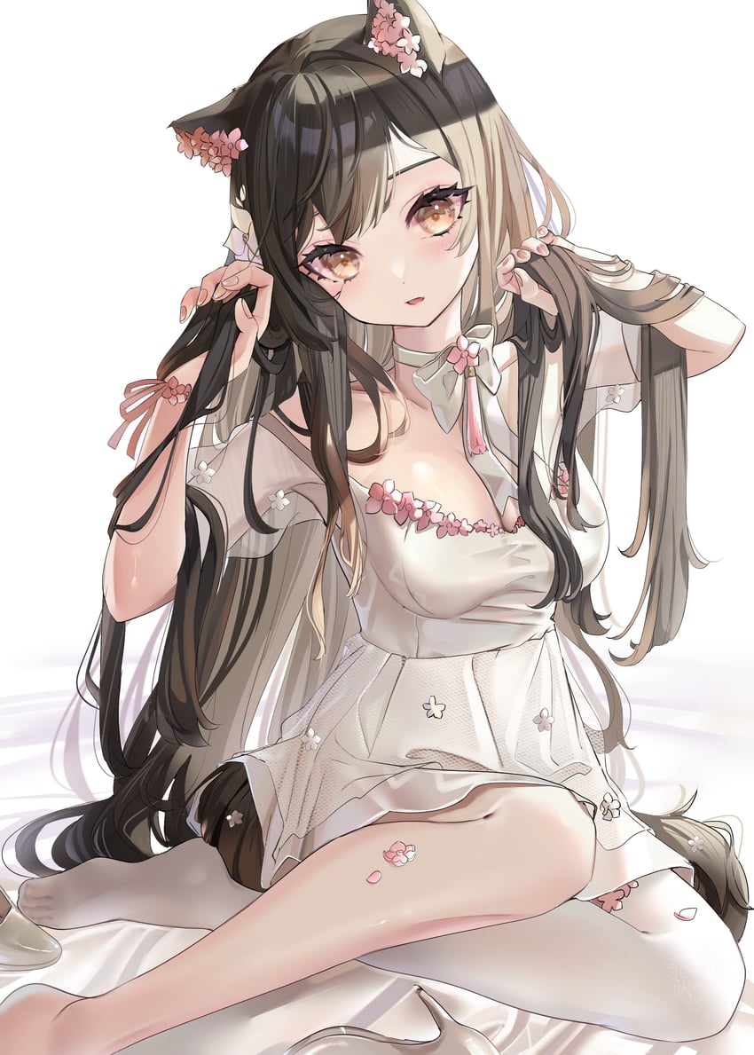 二次元插画 1名女孩 兽耳 黑发 乳房 棕眼睛