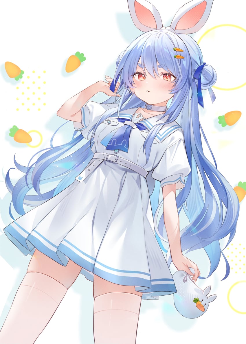 Hololive、兔田佩克拉、兔田佩克拉 (私服) 1名女孩 :t 蓝发 蓝色丝带 脸红
