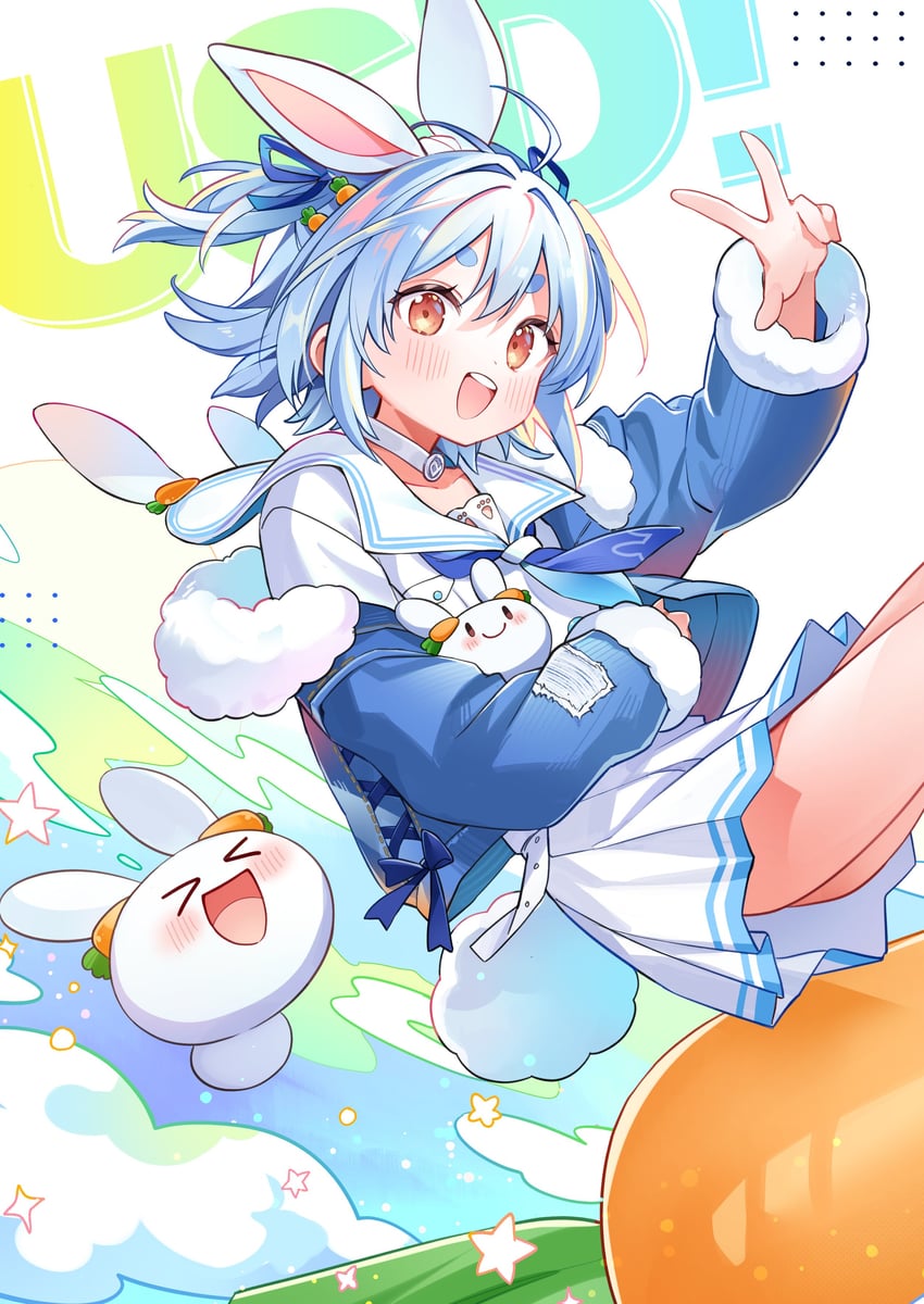 Hololive、Pekomon (兔田佩克拉)、兔田佩克拉 1名女孩 闭眼挤眼 蓝发 蓝色夹克 蓝色领巾