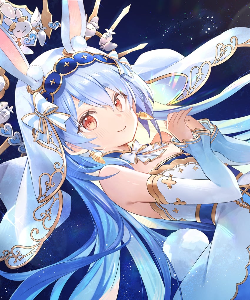 Hololive、兔田佩克拉、兔田佩克拉 (兔子女神) 1名女孩 兽耳 露肩 蓝发 蝴蝶结