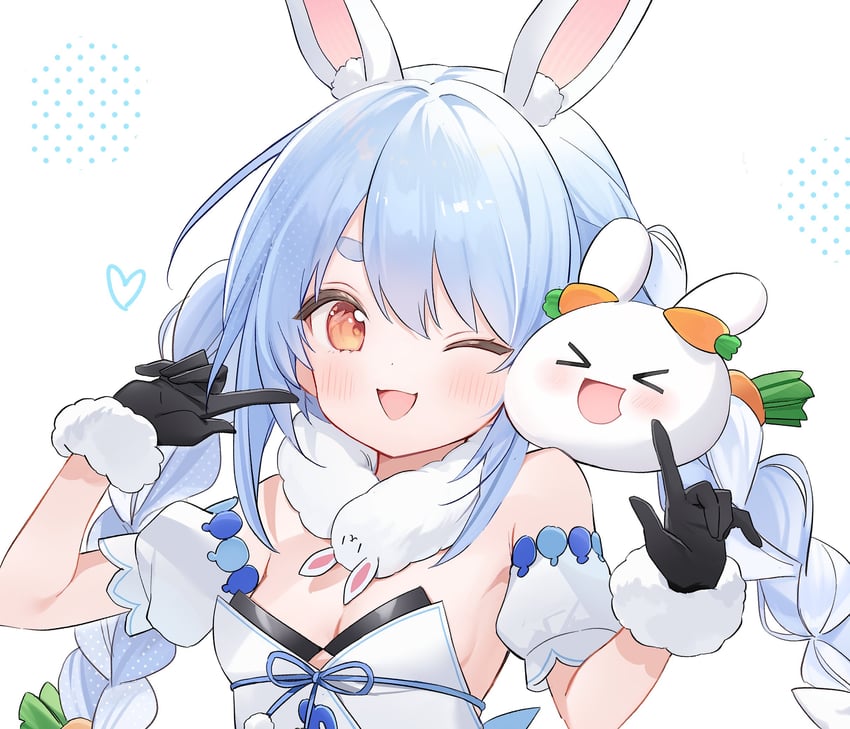 Hololive、Don-chan (佩克拉头上的野兔)、Pekomon (兔田佩克拉) 1名女孩 闭眼挤眼 兽耳毛 兽耳 黑色手套