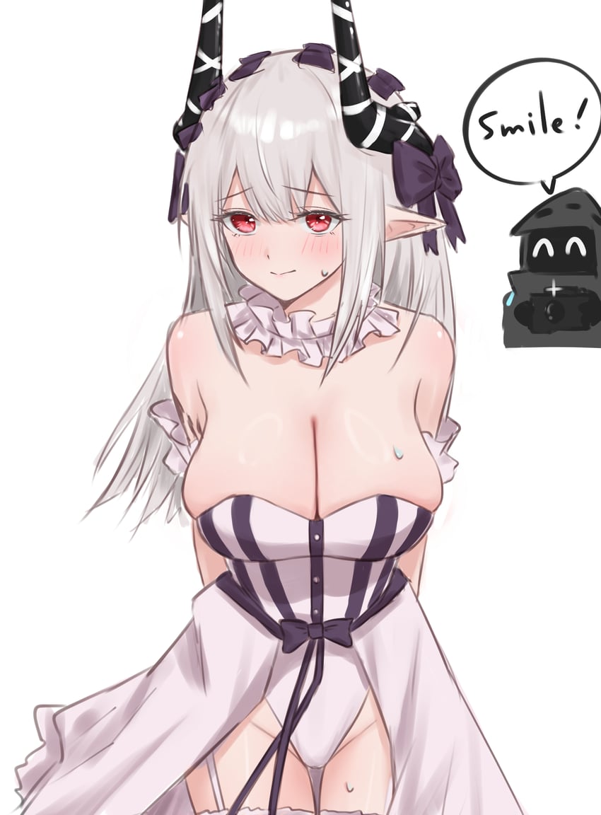 明日方舟、Fate/strange Fake、Fate系列 1名女孩 露肩 黑角 脸红 乳房