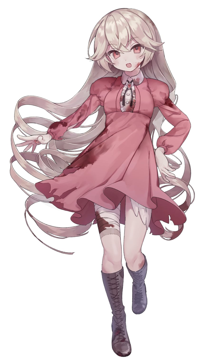 原创 1名女孩 缠着绷带的腿 绷带 黑色靴子 金发