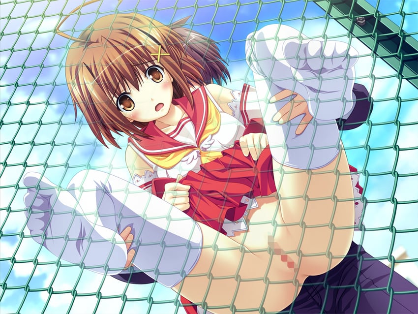 Circus (工作室)、RPG学园、日下部日向 1名男孩 1名女孩 靠在围栏上 呆毛 脸红