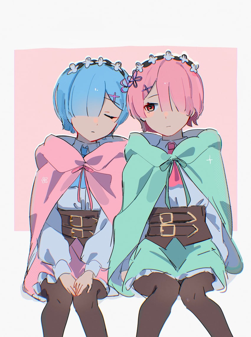 Re:从零开始的异世界生活、拉姆 (Re:Zero)、雷姆 (从零开始的异世界生活) 2名女孩 水色披风 水蓝色裙子 黑色连裤袜 蓝发