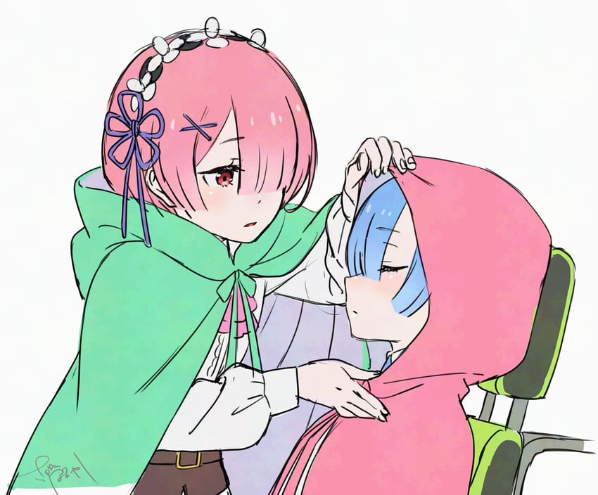 Re:从零开始的异世界生活、拉姆 (Re:Zero)、雷姆 (从零开始的异世界生活) 2名女孩 整理衣服 水色披风 蓝发 蓝色领带