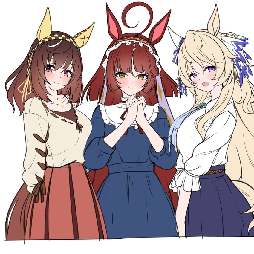 赛马娘、美景 (便装) (赛马娘)、迷人景致 (赛马娘) 3人女子 呆毛 兽耳 金发 蓝色连衣裙