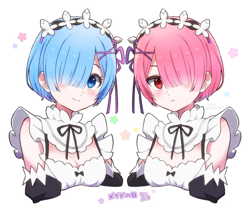 Re:从零开始的异世界生活、拉姆 (Re:Zero)、雷姆 (从零开始的异世界生活) 2名女孩 作者名 蓝发 乳房 乳沟