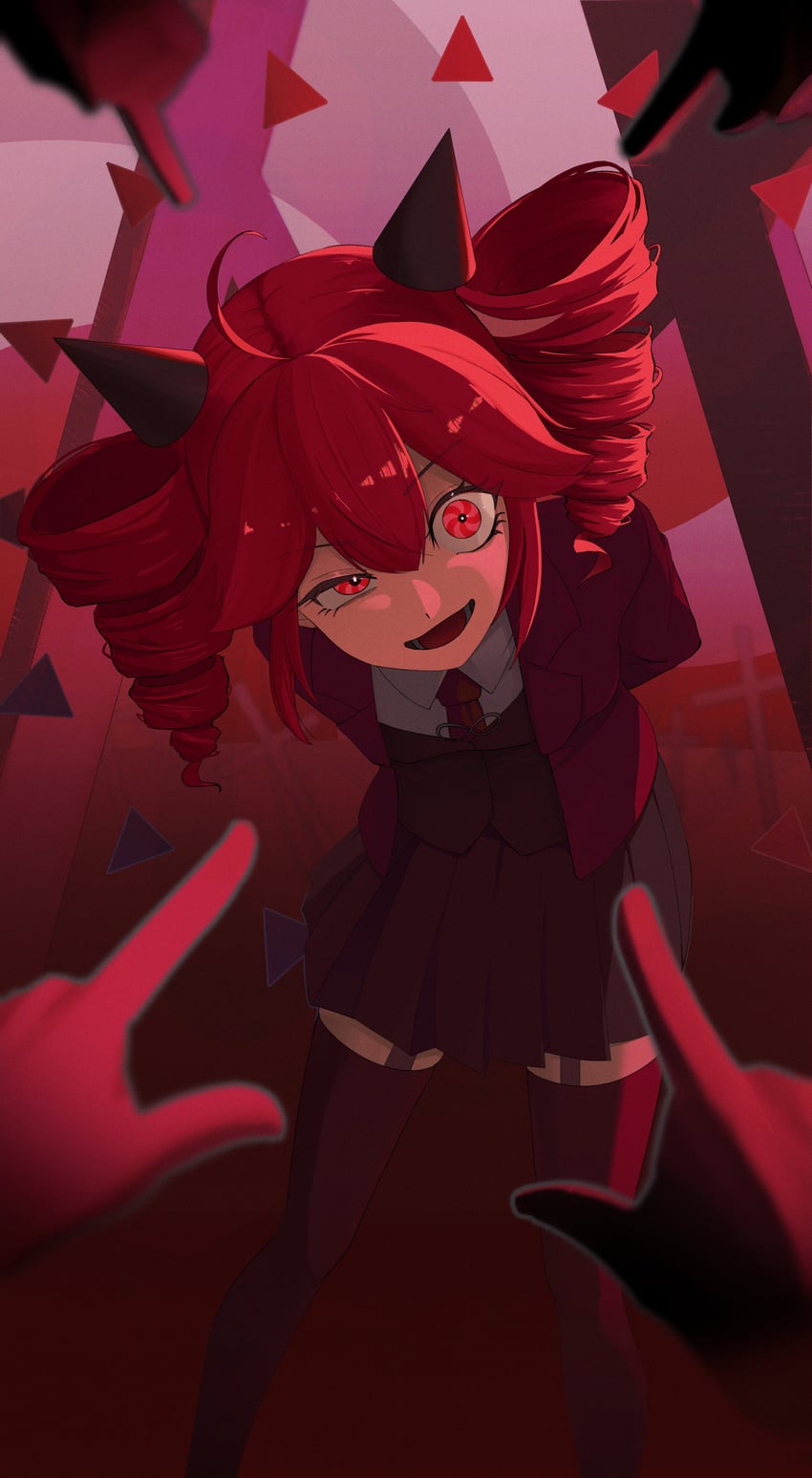 行刑拍手、UTAU、重音Teto 1名女孩 呆毛 弯腰 黑角 黑色裙子