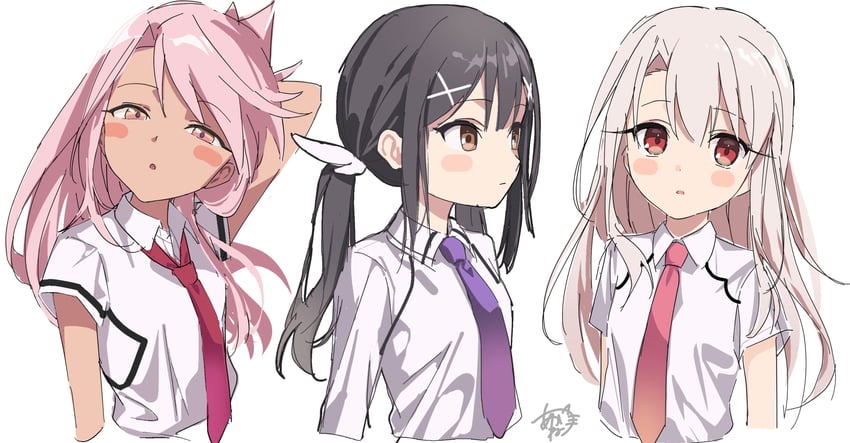 魔法少女伊莉雅、Fate系列、克洛伊·冯·爱因兹贝伦 3人女子 黑发 腮红贴纸 有领衬衫 发饰