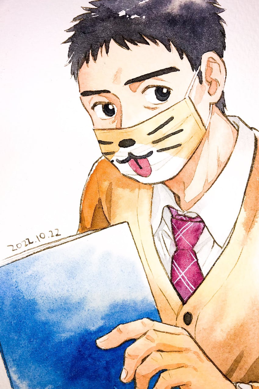 二次元插画 1名男孩 黑瞳 黑发 书 纽扣