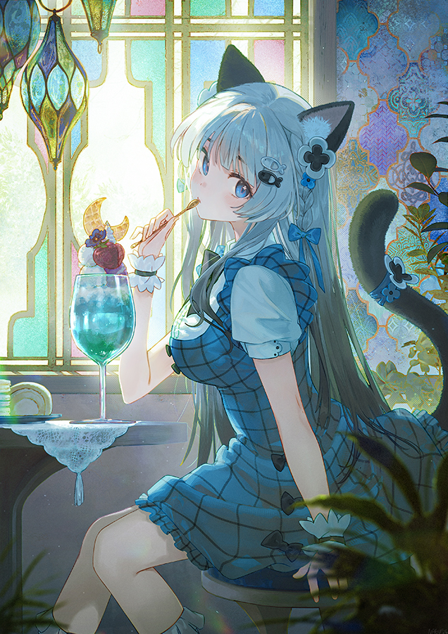 原创 1名女孩 兽耳毛 兽耳 蓝色连衣裙 蓝眼
