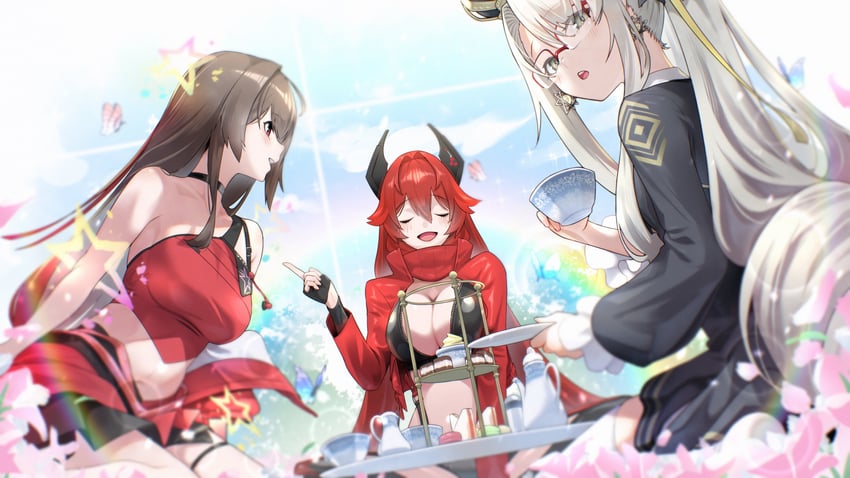 胜利女神：妮姬、普莉蒂 (胜利女神：妮姬)、公主 (胜利女神：妮姬) 3人女子 露肩 黑色项圈 黑色手套 黑色夹克