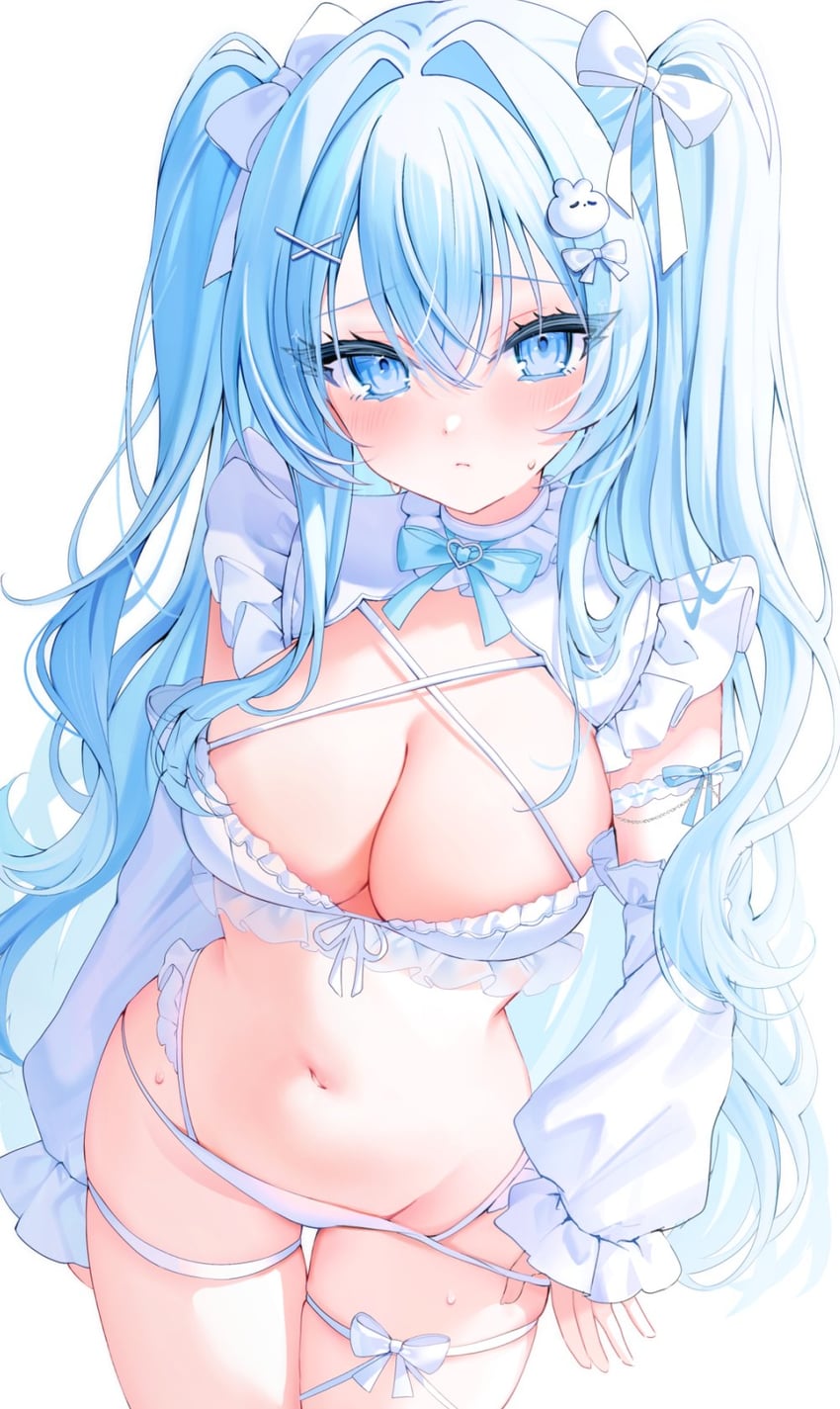 原创 1名女孩 蓝眼 蓝发 脸红 蝴蝶结