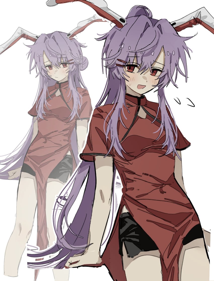东方Project、铃仙·优昙华院·因幡 1名女孩 替换服装 兽耳 黑色短裤 旗袍