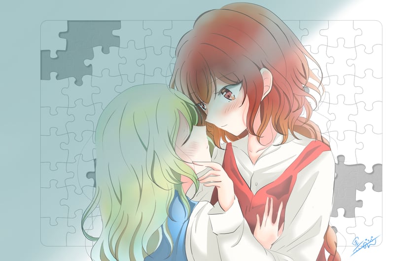 东方Project、东方Project (PC-98)、北白川千百合 2名女孩 发型长度变动 (更长) 金发 蓝色水手领 脸红