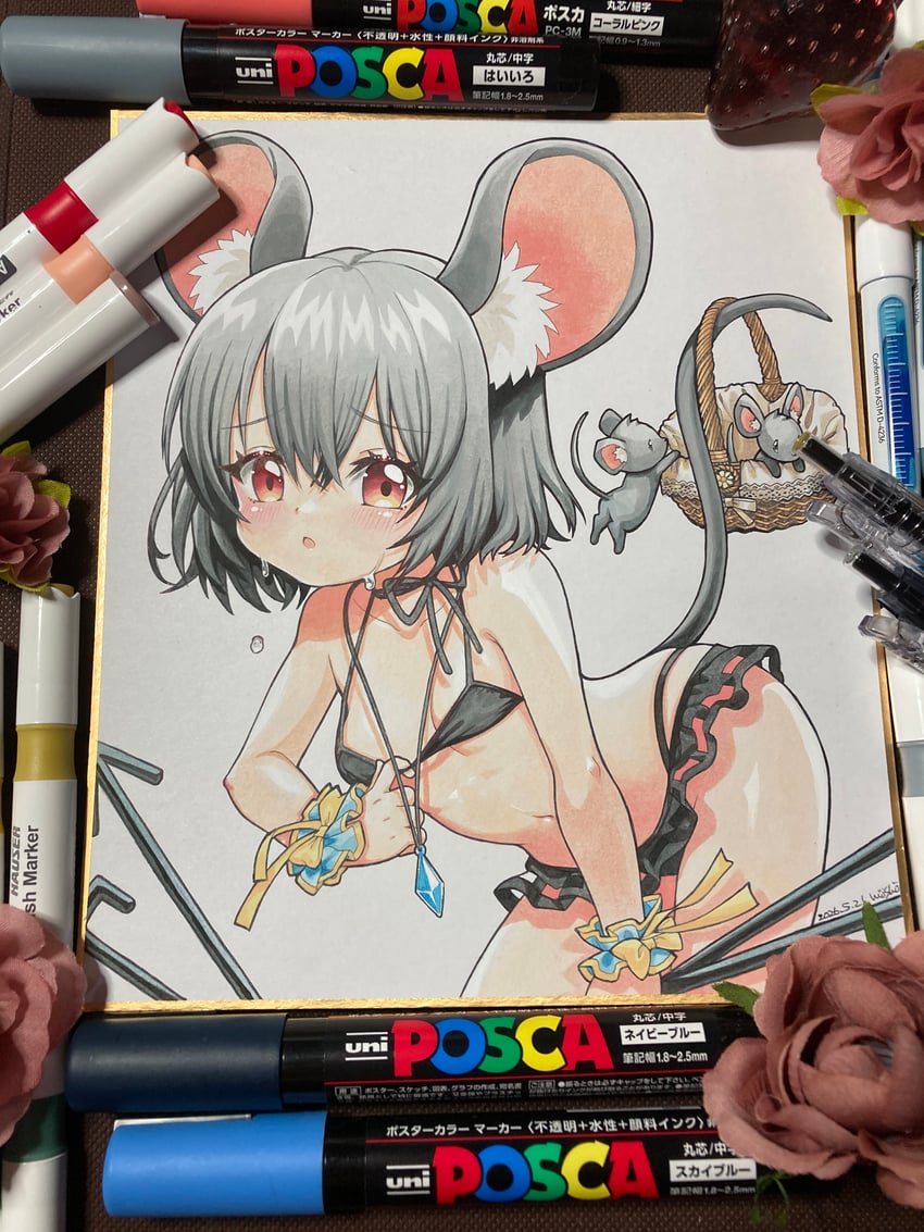 东方Project、纳兹琳 1名女孩 兽耳毛 兽耳 画面内含画具 比基尼