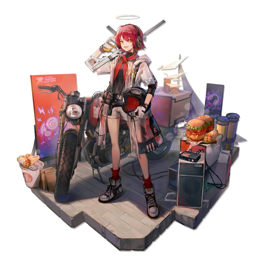 明日方舟、能天使 (明日方舟)、能天使 (城市骑手) (明日方舟) 1名女孩 :D 天使 天使翅膀 不对称手套