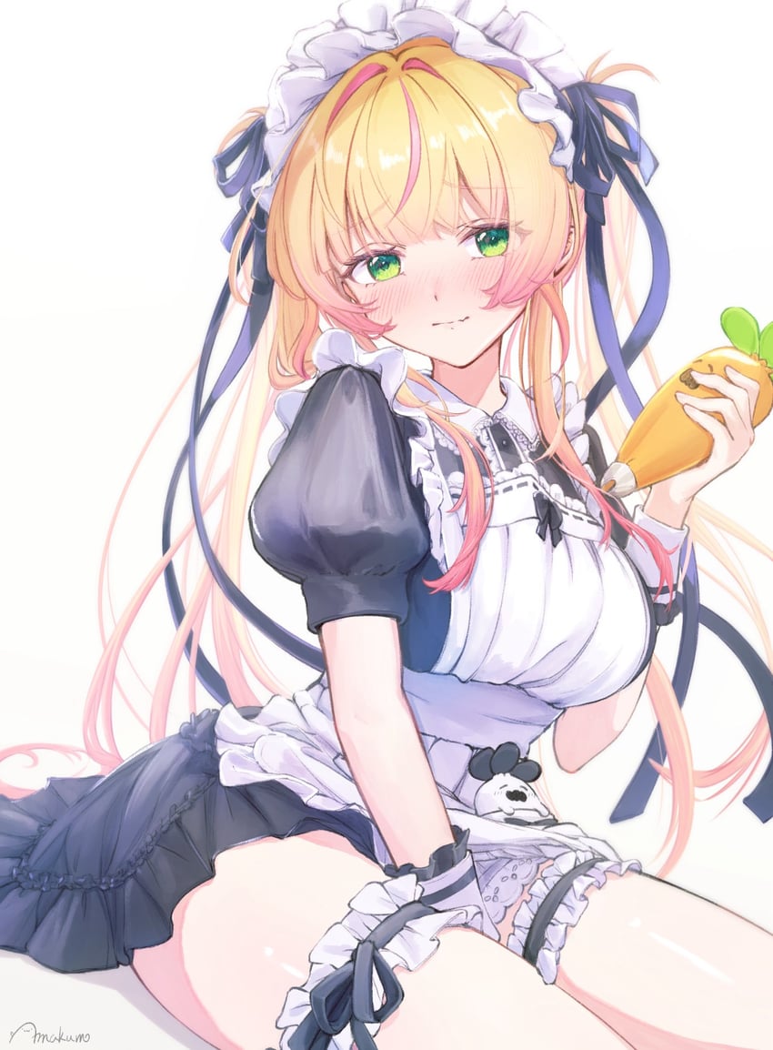 Hololive、桃铃音音、桃铃音音 (女仆) 1名女孩 围裙 腿间 黑色连衣裙 黑色丝带