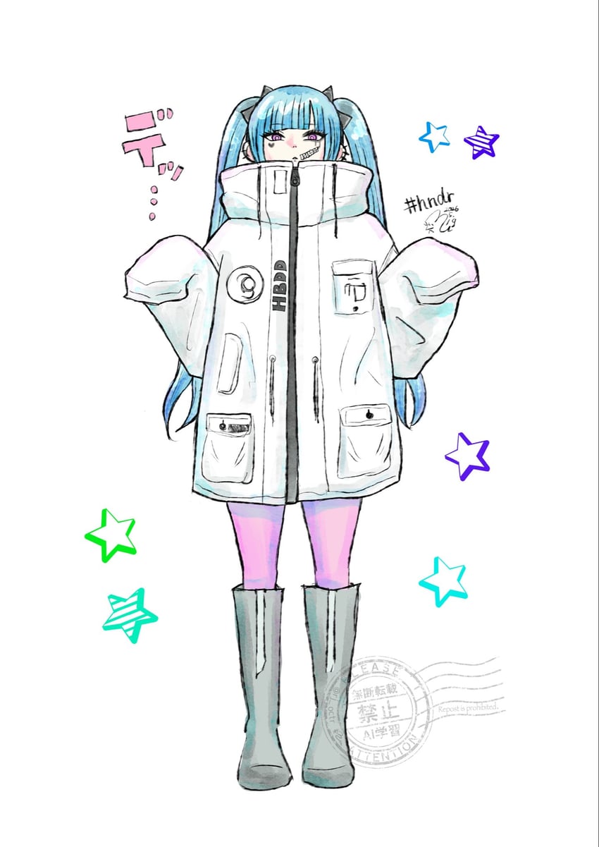 百日战线 -最终防卫学园-、雨宫达露米 1名女孩 举起双手 黑色靴子 黑色蝴蝶结 蓝发