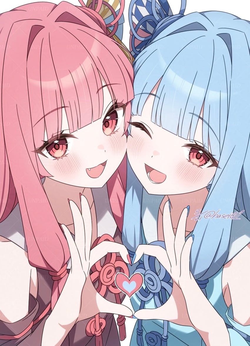 VOICEROID、琴叶茜、琴叶葵 2名女孩 :D 微笑 露肩 蓝色连衣裙