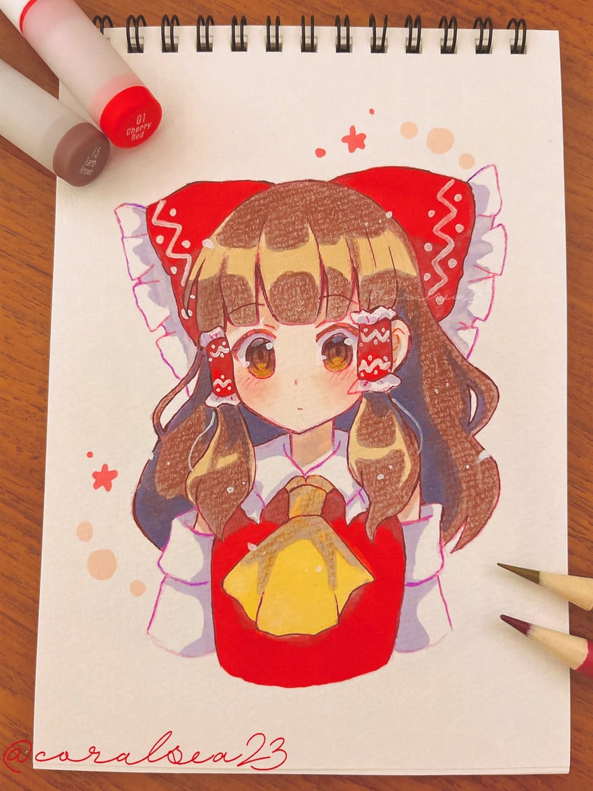 东方Project、博丽灵梦 1名女孩 画面内含画具 阿斯科特领巾 脸红 蝴蝶结