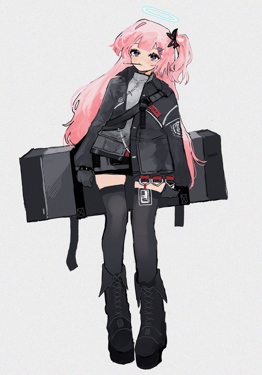 明日方舟、安比尔 (明日方舟) 1名女孩 黑色靴子 黑色手套 黑色夹克 黑色过膝袜