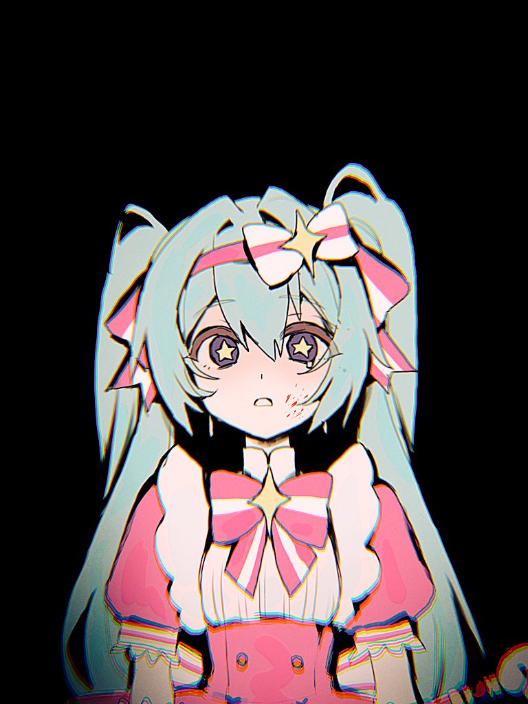 立刻轮回 (Vocaloid)、VOCALOID、初音未来 1名女孩 黑色背景 蓝发 蝴蝶结 蝶形领结