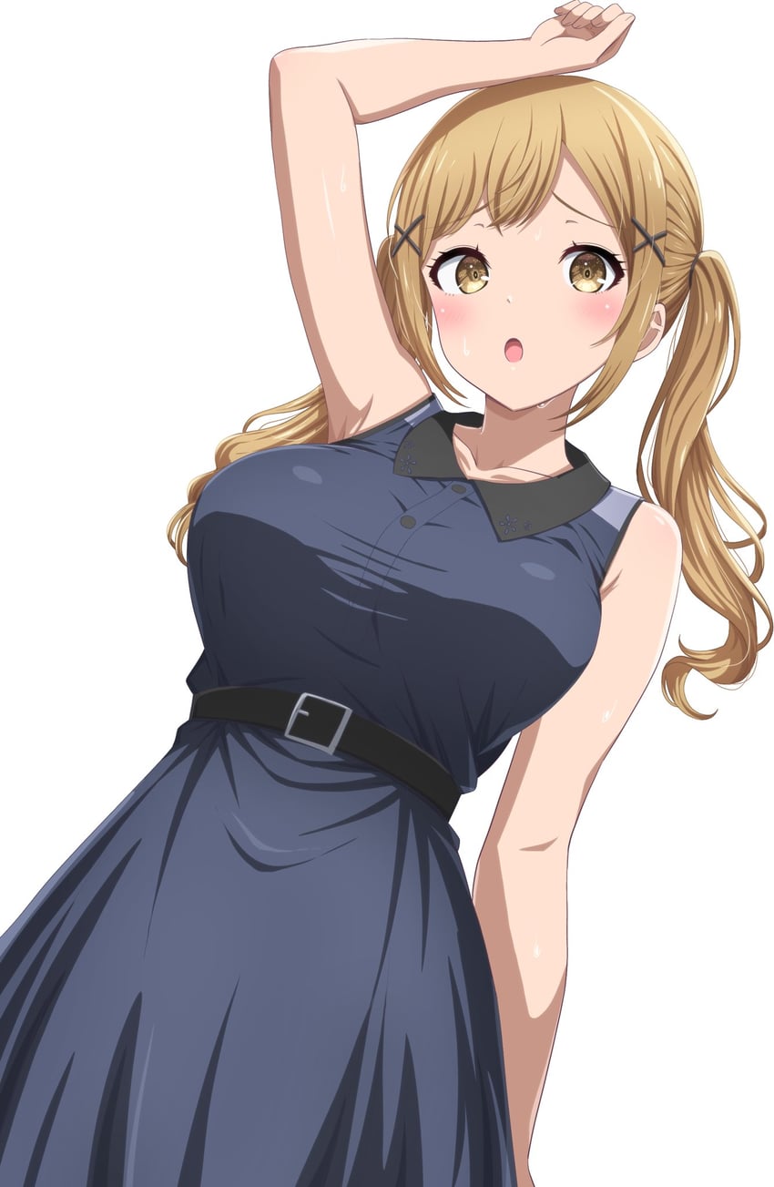 BanG Dream!、少女乐团派对！、市谷有咲 1名女孩 举手 腰带 黑色皮带 蓝色连衣裙