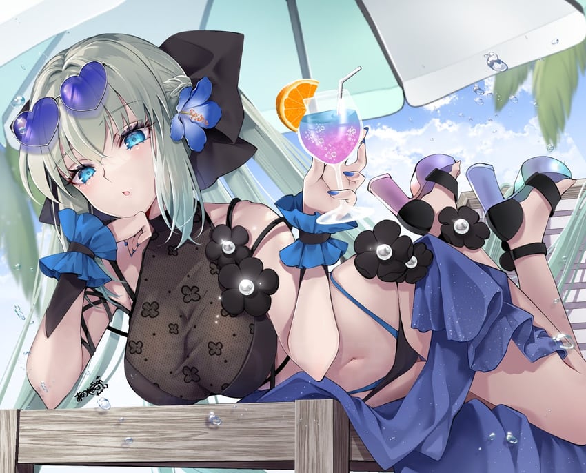 Fate/Grand Order、Fate系列、摩根勒菲 (Fate) 1名女孩 露肩 沙滩伞 比基尼 黑凉鞋
