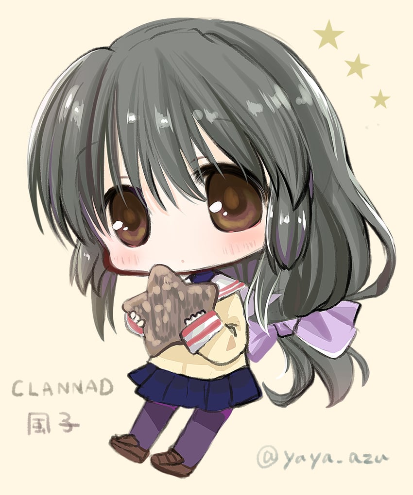 CLANNAD、伊吹风子 1名女孩 黑色连裤袜 蓝裙子 脸红 蝴蝶结