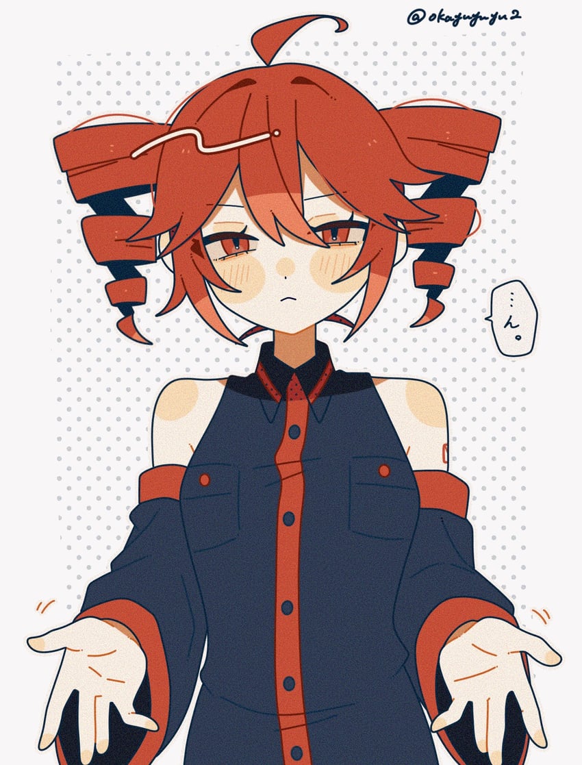 UTAU、重音Teto、重音テト (UTAU) 1名女孩 呆毛 露肩 黑衬衫 黑色袖子