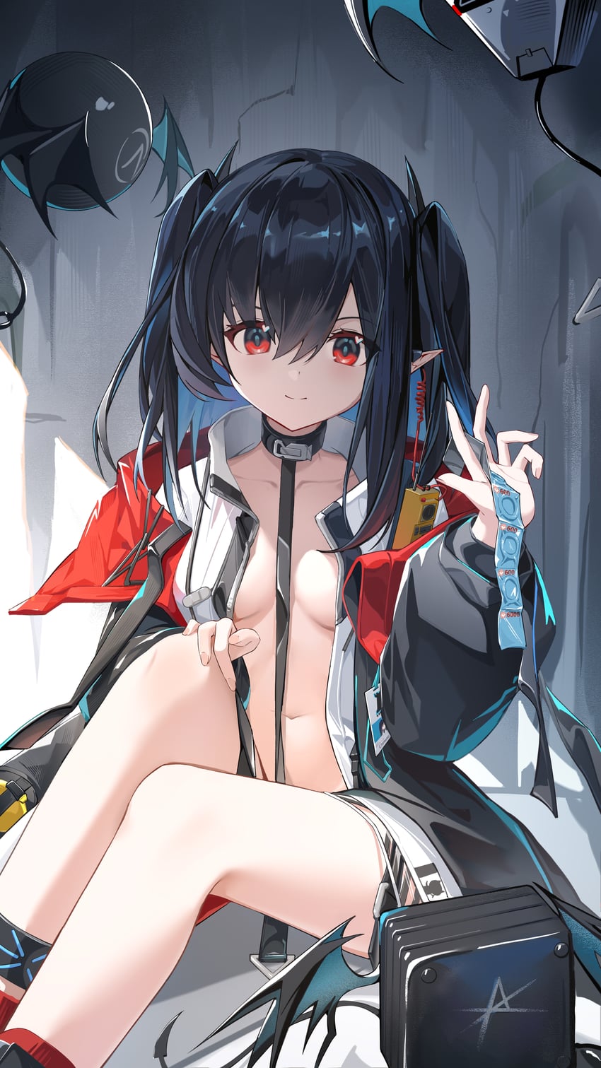 明日方舟、可露希尔 (明日方舟)、莱姆达 (明日方舟) 1名女孩 替代乳量 (变小) 黑色大衣 黑发 乳房