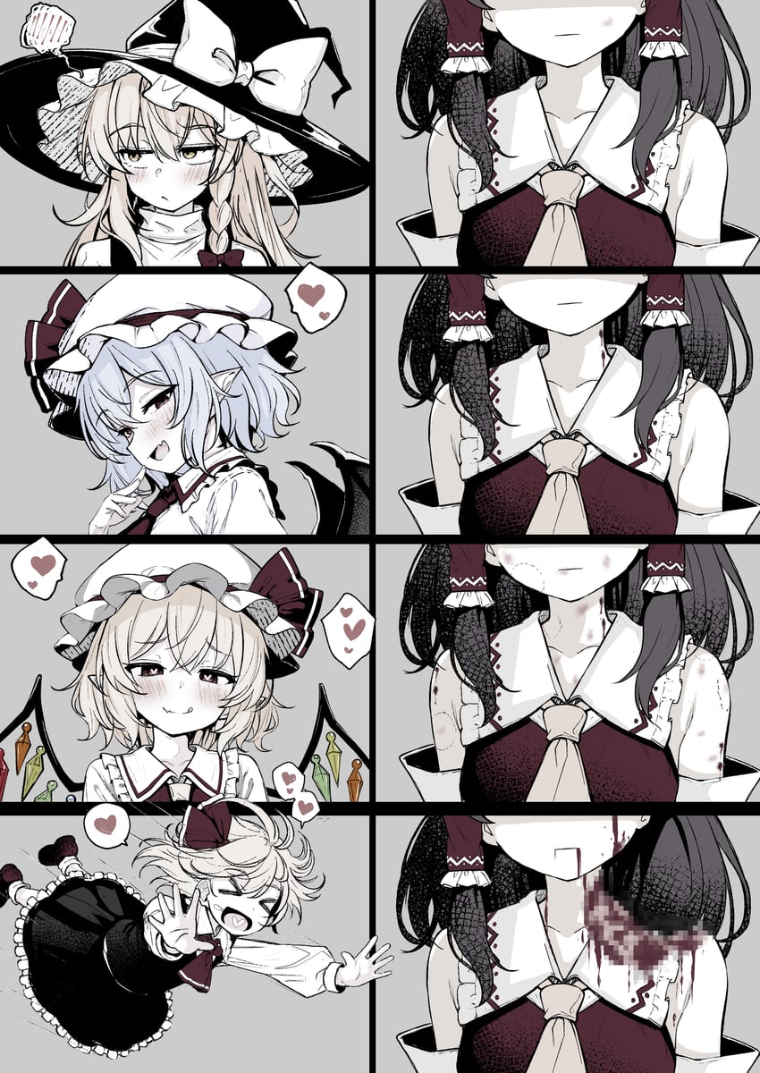 东方Project、芙兰朵露·斯卡蕾特、博丽灵梦 5名女孩 :q 闭眼挤眼 阿斯科特领巾 蝙蝠翅膀