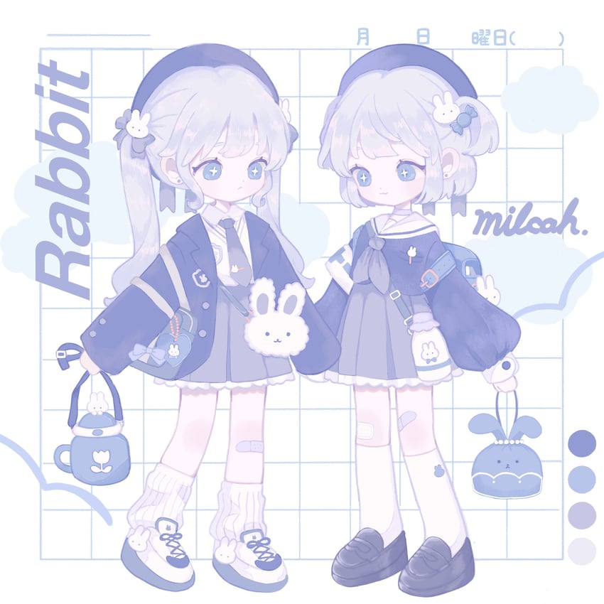 原创 2名女孩 猫脸笑 手放在身体两侧 作者名 创可贴