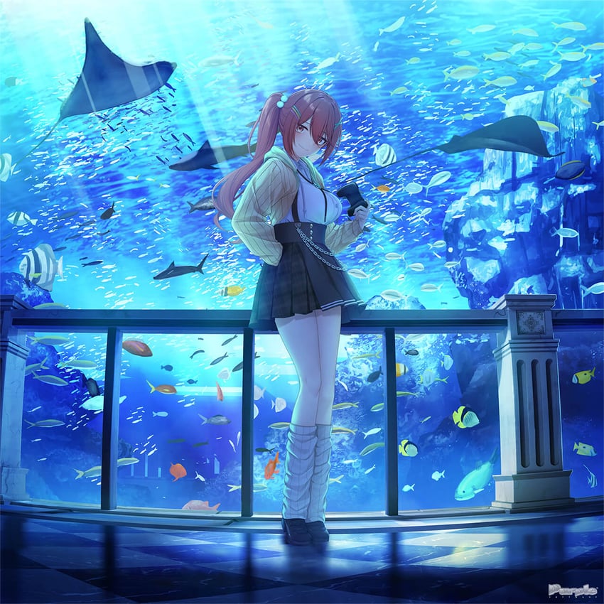 magalumina、tina oomen 1名女孩 水族馆 黑鞋 黑色裙子 脸红