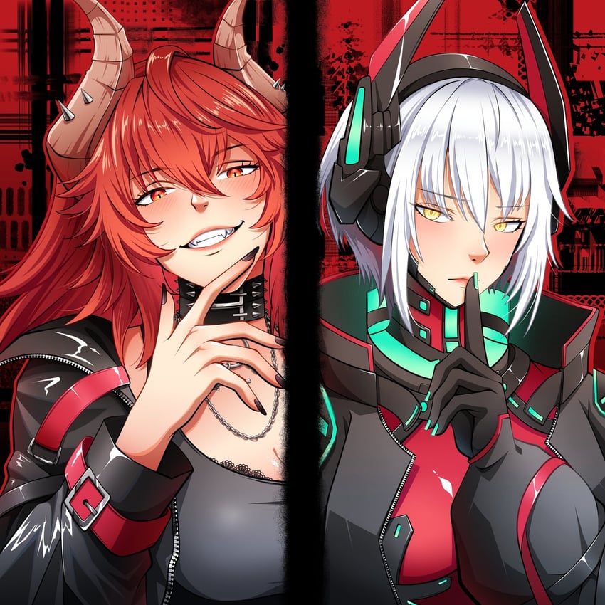袜子事务所、Zentreya、Zentreya (赛博格) 2名女孩 发型长度变动 (更短) 黑色项圈 黑色夹克 黑色指甲