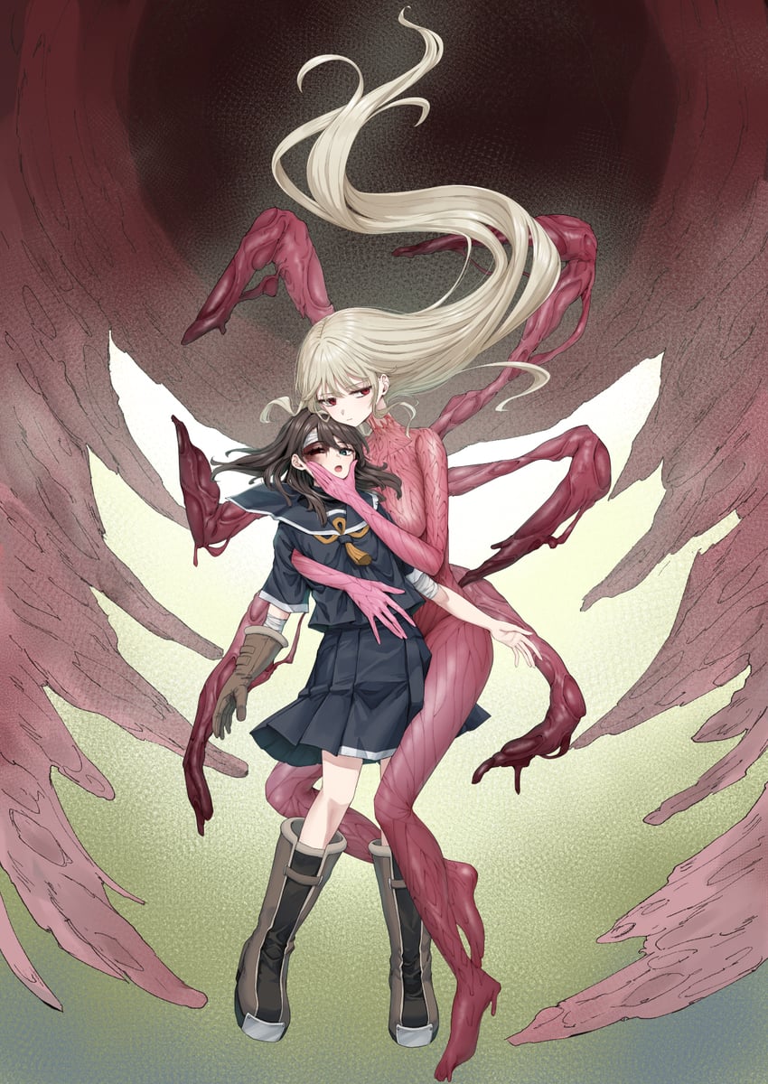 原创 2名女孩 包扎的手臂 缠着绷带的头 绷带 黑色水手领