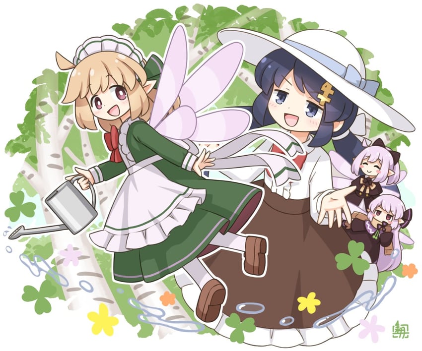 原创、爱丽丝 (北川水月)、guly (kitagawa suigetsu) 4个女孩 微笑 围裙 作者标志 黑色蝴蝶结