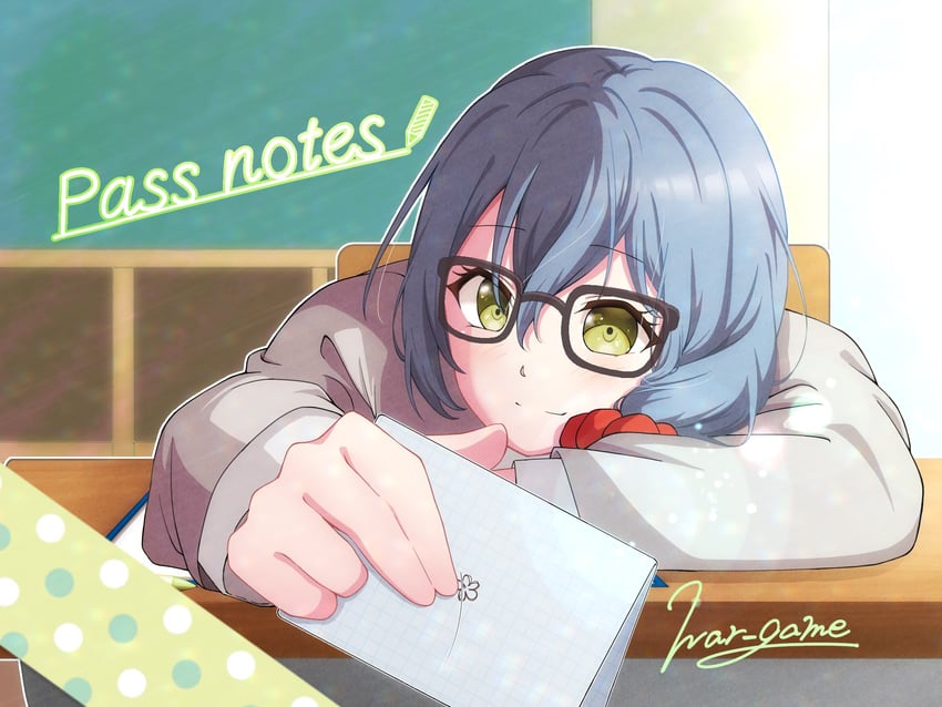 BanG Dream!、朝日前花 1名女孩 黑框眼镜 蓝发 教室 绿眼