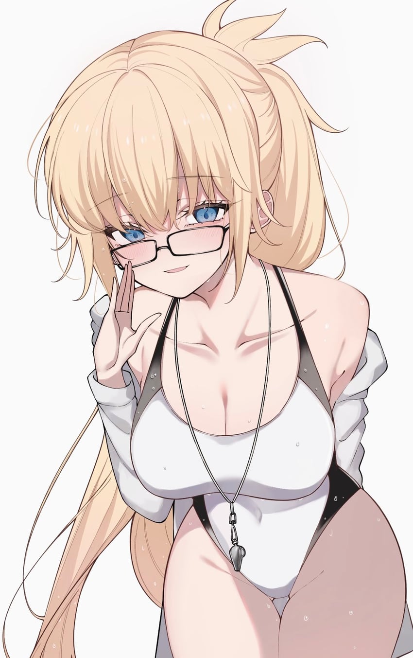 Fate/Grand Order、Fate系列、贞德 (Fate) 1名女孩 露肩 黑框眼镜 黑色连体泳衣 金发