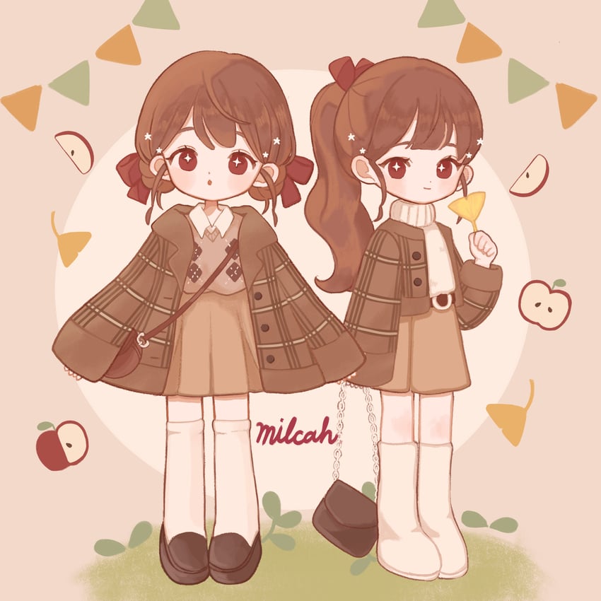 原创 +_+ 2名女孩 惊讶 苹果 菱格纹衣服
