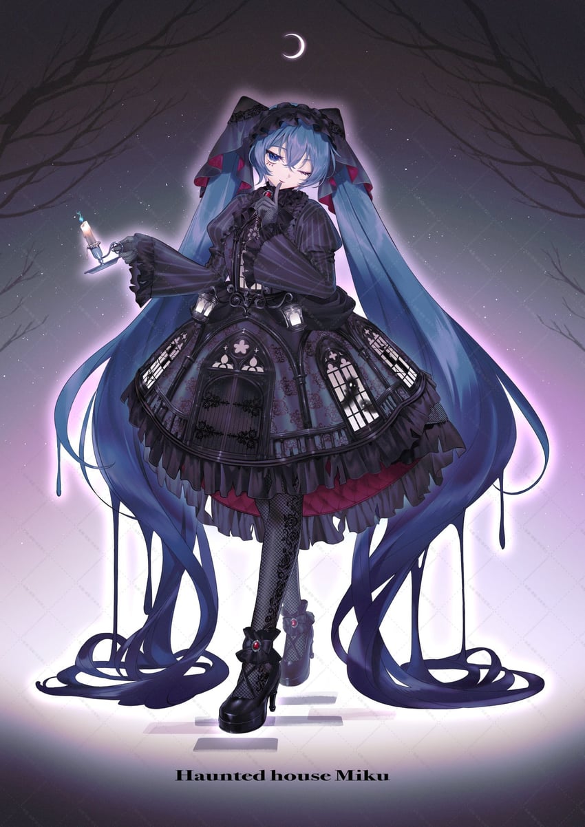 VOCALOID、初音未来 1名女孩 荒谬的长发 精确的洛丽塔搭配 脚镣 喇叭袖