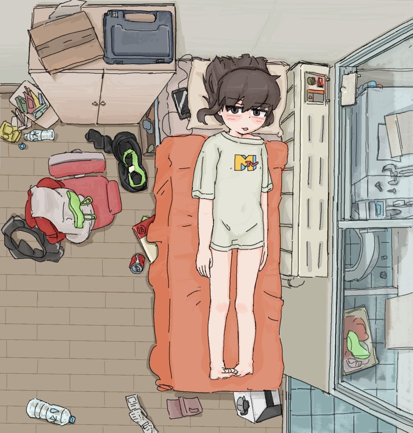 原创 1名女孩 包 赤脚 床 瓶子