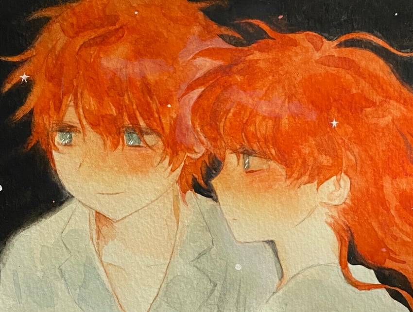 原创 1名男孩 1名女孩 有领衬衫 长发 看向前方