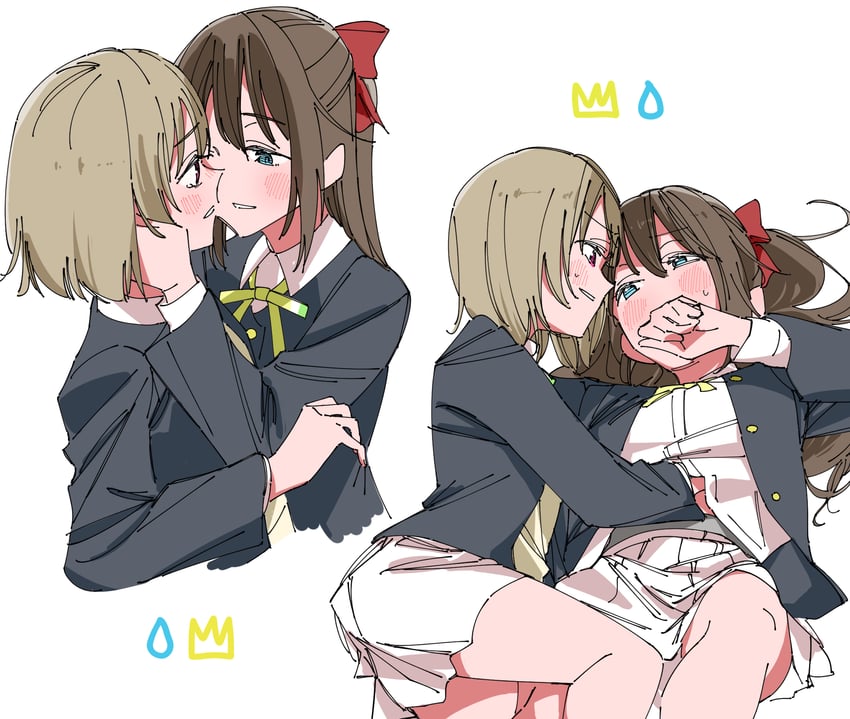Love Live!、Love Live! 虹咲学园学园偶像同好会、中须霞 2名女孩 黑色夹克 蓝眼 棕发 捂住自己的嘴