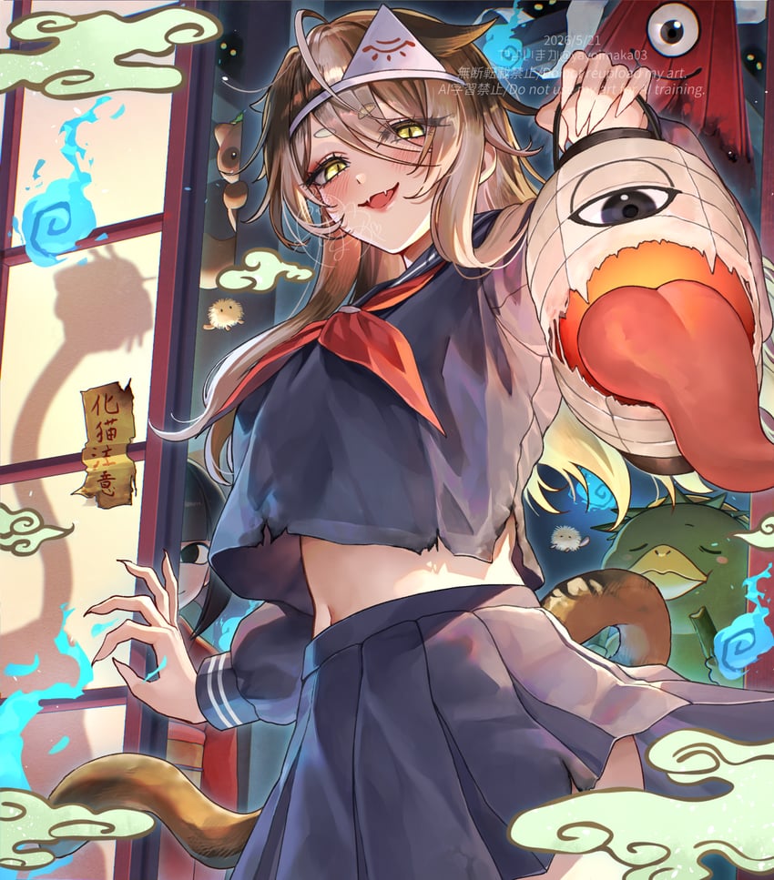 原创 1名女孩 兽耳 黑色水手领 黑色水手服 黑色裙子