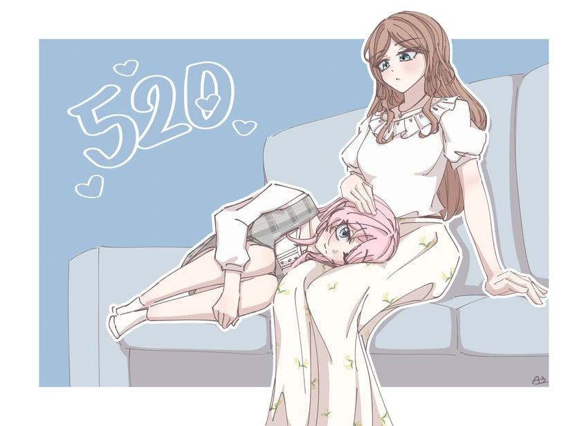 BanG Dream!、Bang Dream! It's MyGO!!!!!、千早爱音 2名女孩 蓝色背景 蓝眼 棕发 连衣裙
