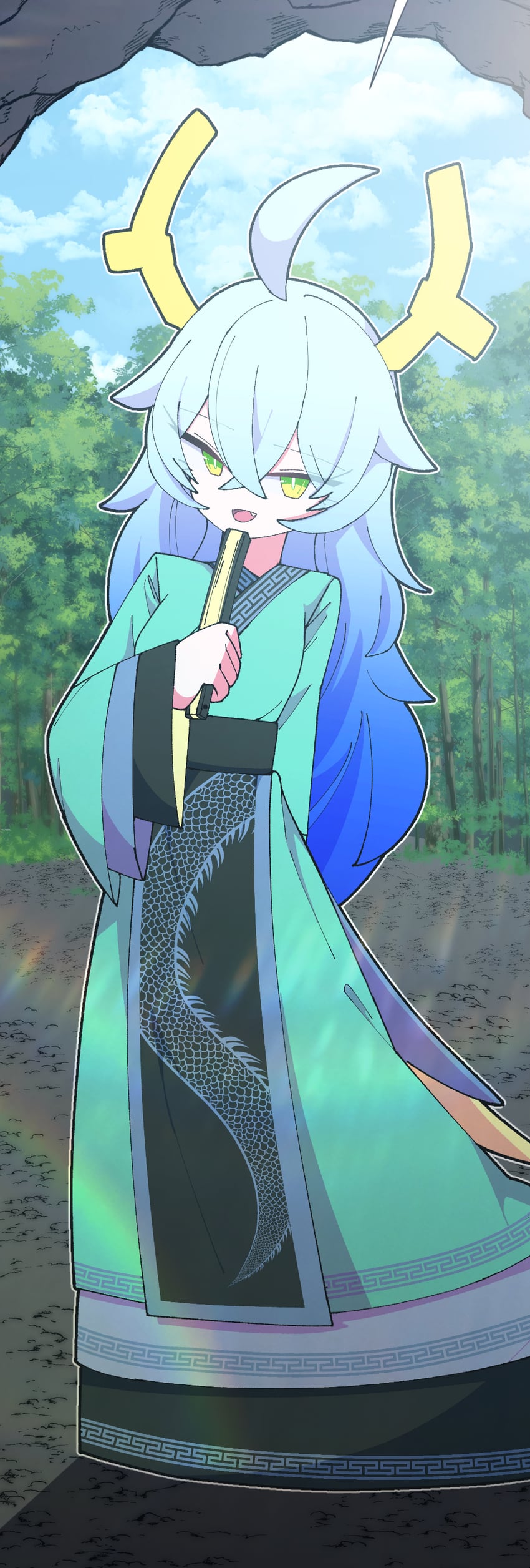 原创 1名女孩 呆毛 水色和服 蓝发 白天